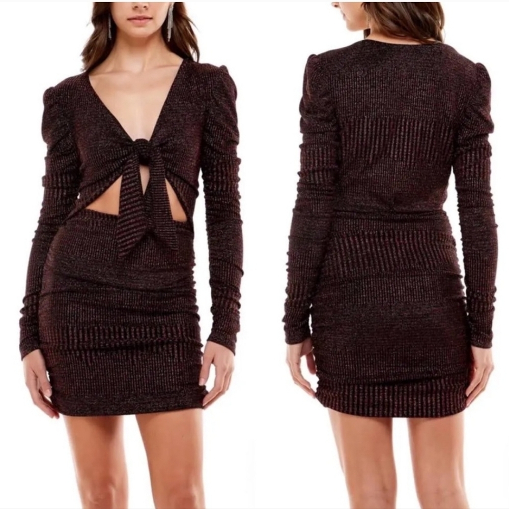 Wayf Black Long Sleeve Dress with Bow Detail Metallic